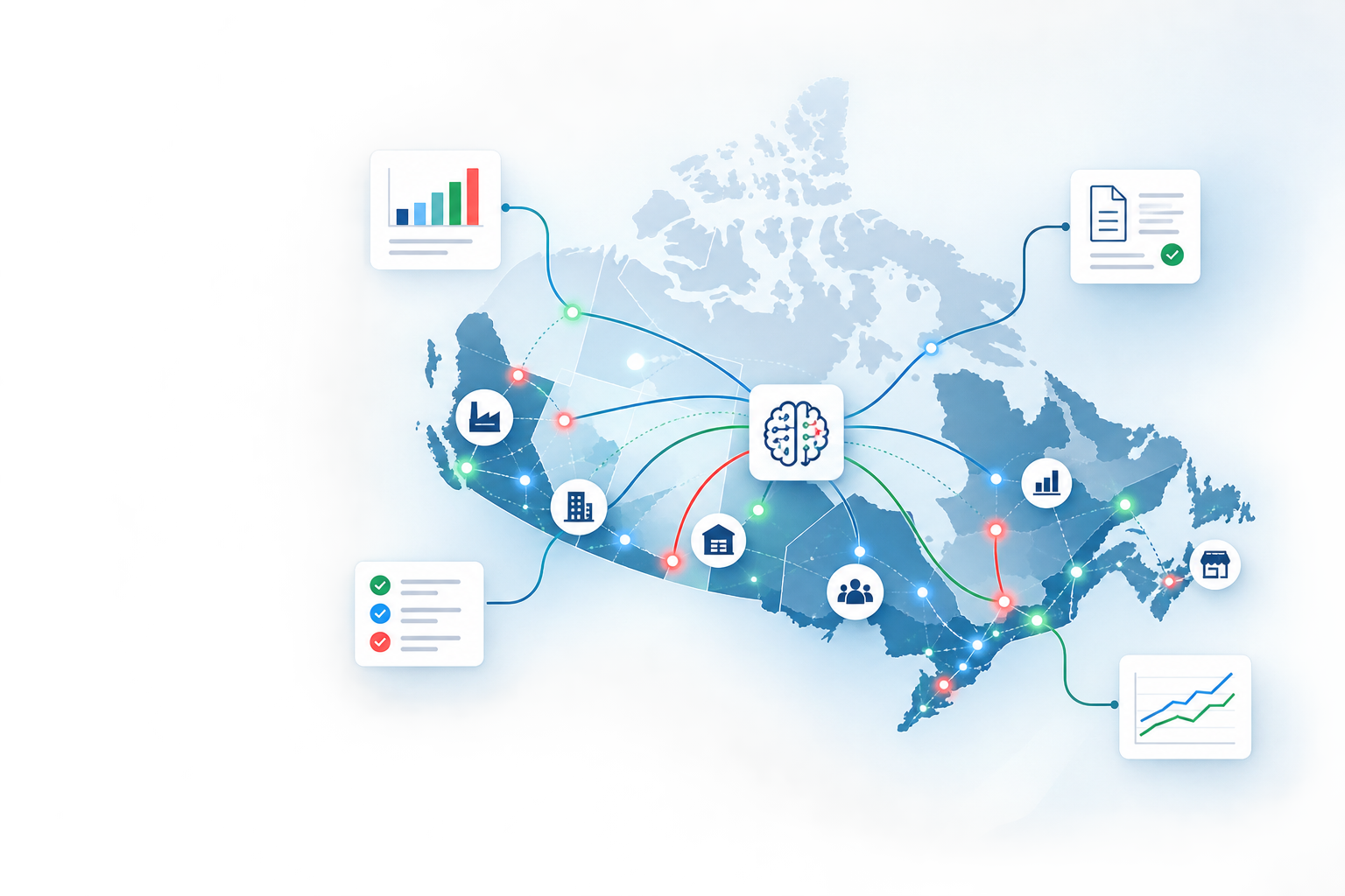 Abstract Canadian business network connected by AI and data flows